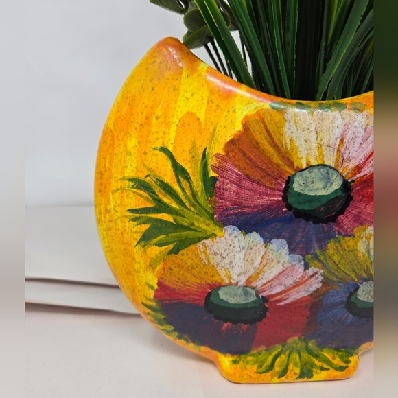 Italian Hand Made Flower Vase Bright Bold Hand Painted Flowers Yellow Orange - Picture 2 of 14